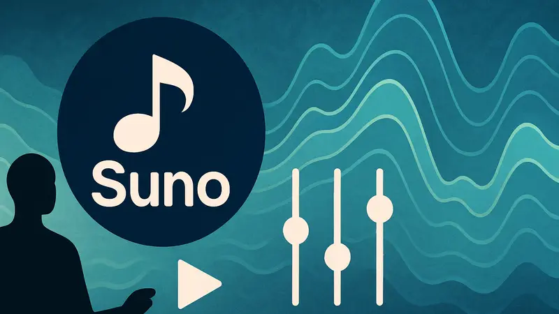 Логотип Suno AI с элементами управления музыкой или абстрактное изображение звуковых волн