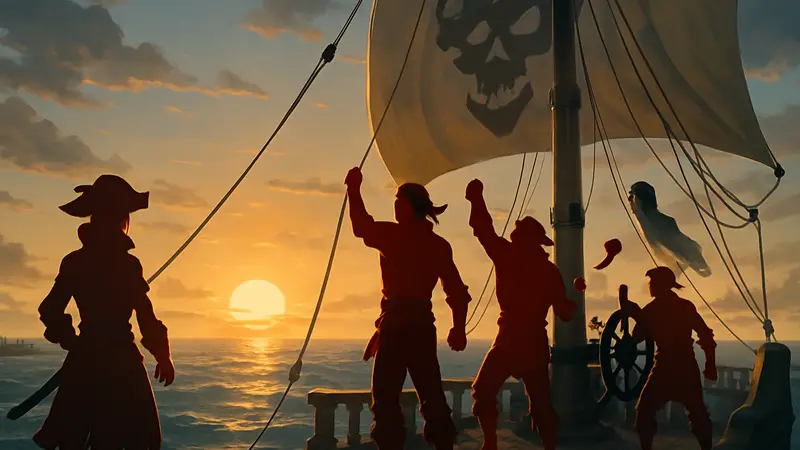 Пираты Sea of Thieves на корабле в открытом море, встречающие рассвет.