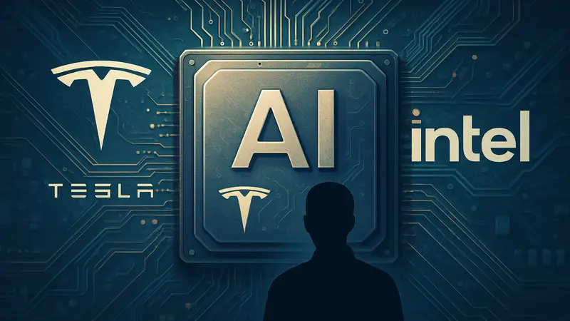 Логотипы Tesla и Intel на фоне микросхемы чипа искусственного интеллекта.