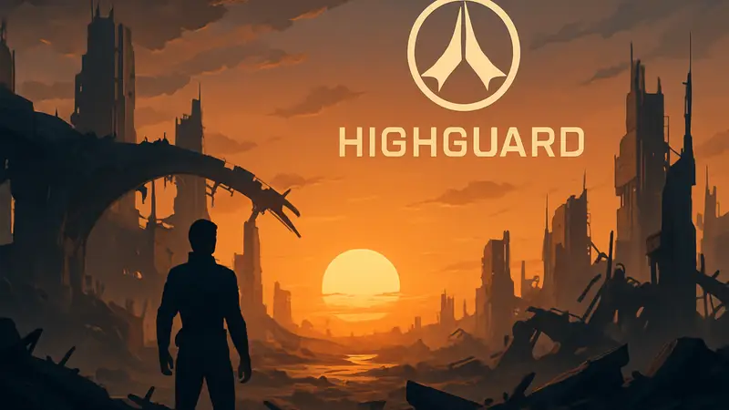 Закат над разрушенным футуристическим городом с логотипом игры Highguard, символизирующий закрытие серверов провального онлайн-шутера.