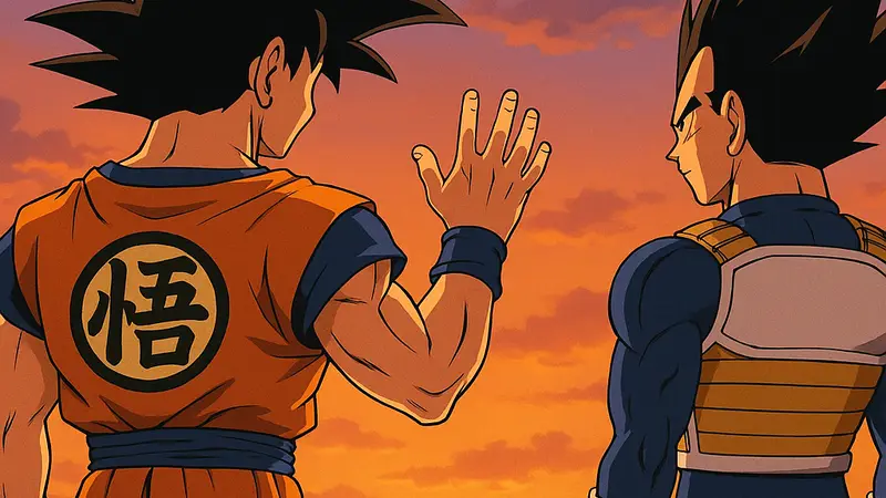 Иллюстрация персонажей Гоку и Вегеты из Dragon Ball Super, символизирующая прощание или завершение главы манги.