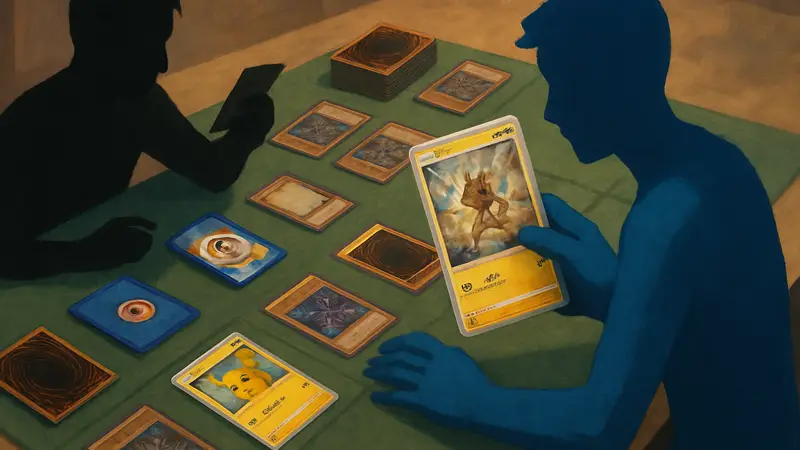 Карты Pokemon TCG и Yu-Gi-Oh! на игровом столе, иллюстрация отсылки в наборе Ascended Heroes