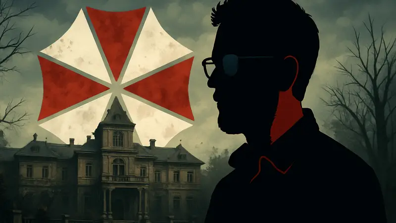 Зак Креггер, режиссёр фильма Resident Evil, на фоне логотипа Resident Evil.