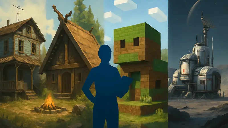 Виды баз и построек из разных игр, таких как Fallout 4, Valheim, Minecraft и Starfield, демонстрирующие свободу строительства.