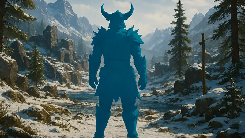 Скриншот персонажа в броне Морозного Проклятия в мире Crimson Desert.