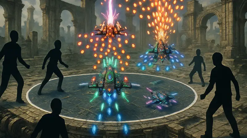 Экран игры DoDonPachi Resurrection Reignite с элементами Battle Royale и несколькими игроками на арене.