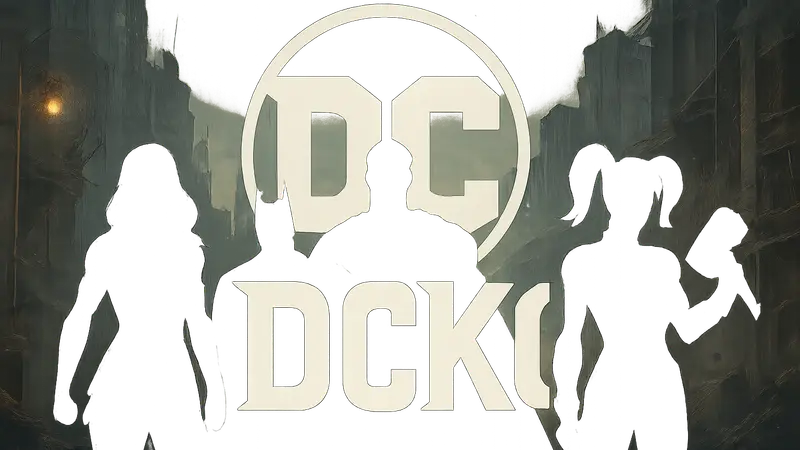 Логотип DCKO на фоне силуэтов известных персонажей DC Comics.