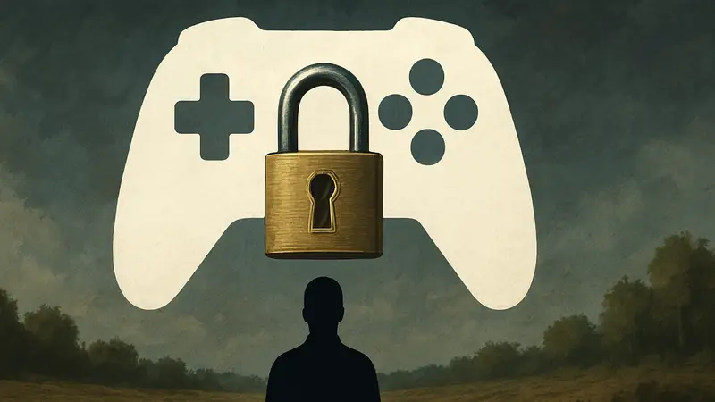Замок на фоне символа цифровой игры, олицетворяющий утрату доверия к цифровому владению.