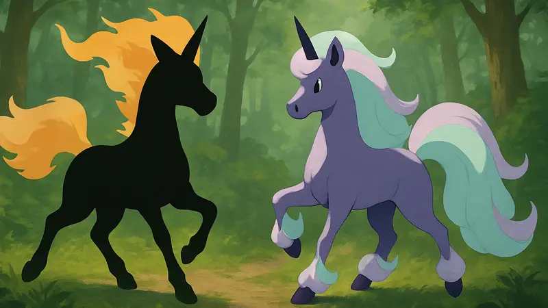 Покемон Рапидаш (обычный и Галарский) в динамичной позе на фоне леса