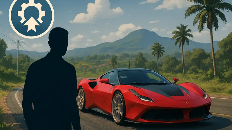 Игровой скриншот Forza Horizon 6 с иконкой достижения Maxed Out, гоночная машина.