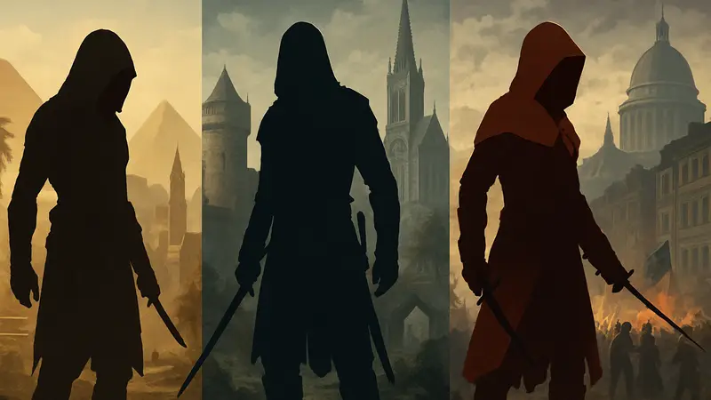 Коллаж из различных исторических эпох Assassin's Creed: Древний Египет, Средневековая Европа, Французская революция
