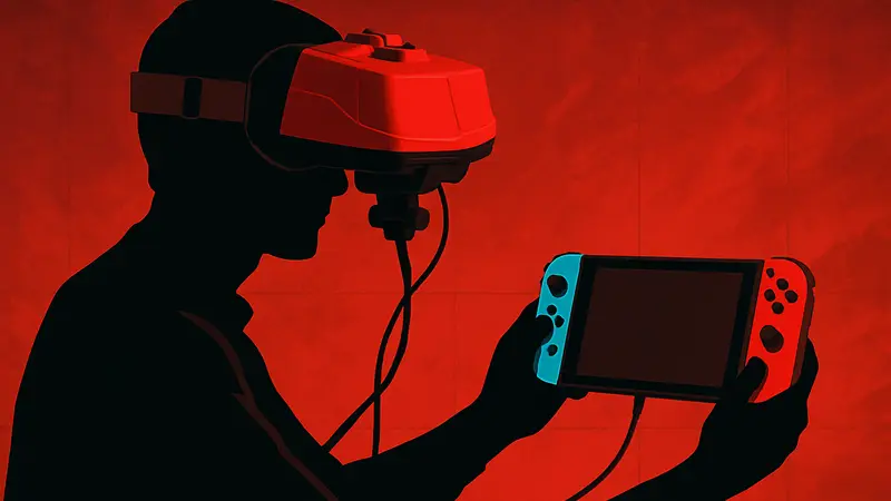 Игрок в шлеме Virtual Boy, подключённом к Nintendo Switch, на фоне красного экрана.