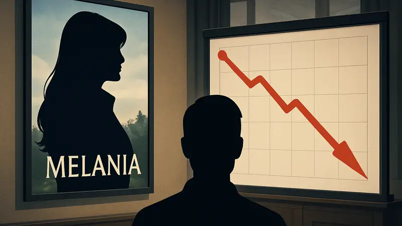 Обложка документального фильма «Мелания» от Amazon и график падения сборов.