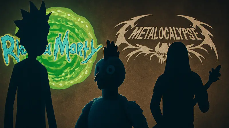 Куклы Robot Chicken, пародирующие персонажей Adult Swim, на фоне логотипов Rick and Morty и Metalocalypse к юбилею.