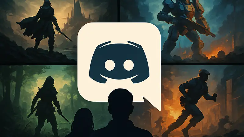 Логотип Discord на фоне игровых скриншотов, показывающий связь платформы с игровой индустрией