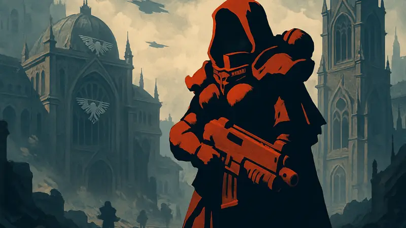 Косплеер Rakang в образе Сестры Битвы из Warhammer 40,000, в силовой броне с болтером.