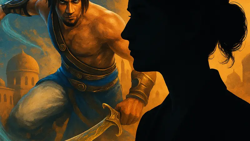 Логотип Prince of Persia: The Sands of Time на фоне силуэта актрисы Эман Айяз.