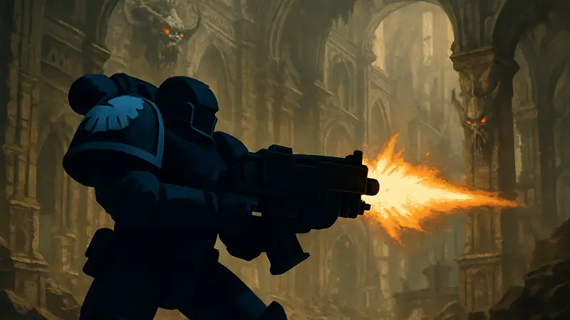 Кадр из трейлера Warhammer 40,000: Boltgun Boom с космодесантником, стреляющим из болтгана.