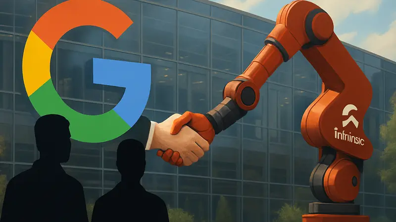 Логотип Google и робототехническая компания Intrinsic, слияние Alphabet