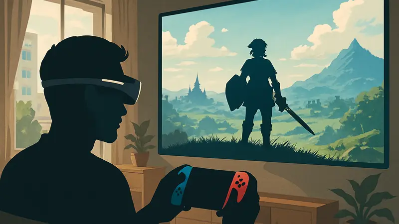 Человек в очках Viture Beast XR Glasses, играющий на Nintendo Switch 2, с изображением большого виртуального экрана