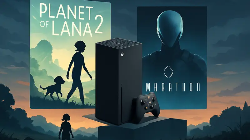 Изображение логотипов игр Planet of Lana 2 и Marathon на фоне консоли Xbox.