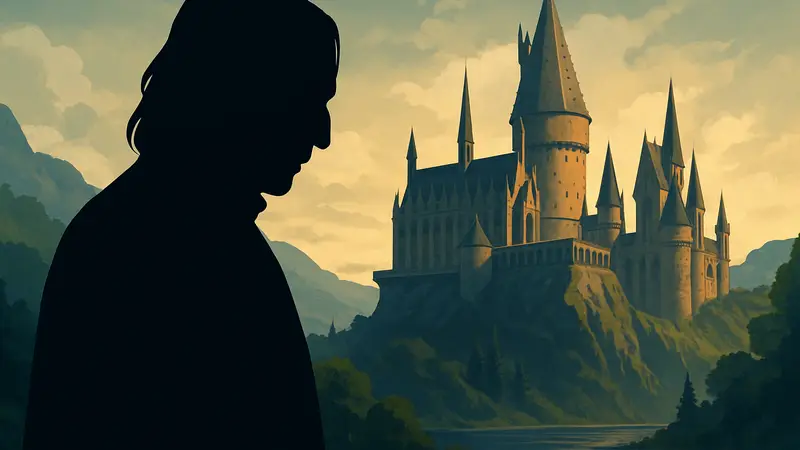 Северус Снейп из фильма «Гарри Поттер» с грустным выражением лица, фон Хогвартса.