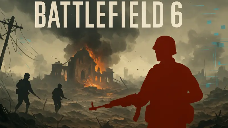 Логотип Battlefield 6 с изображением разрушенного поля боя и технических проблем