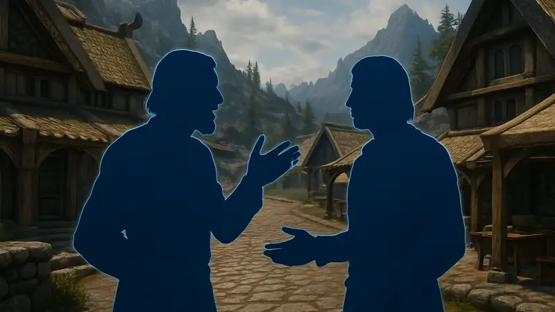 Игровой скриншот из Skyrim с двумя NPC, ведущими диалог, символизирующий улучшенные ИИ-разговоры