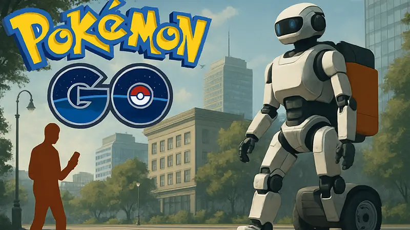 Робот-курьер и логотип Pokémon Go, иллюстрирующие применение игровых данных для развития ИИ робототехники.