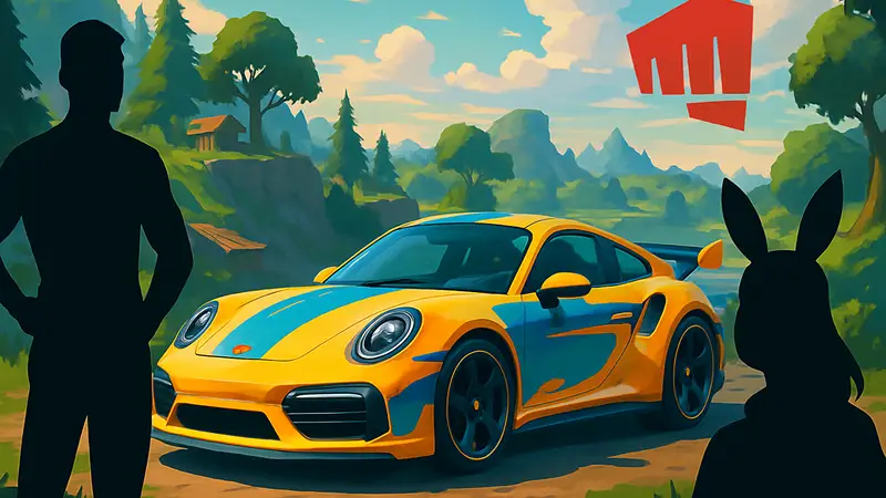 ИИ-изображение Porsche 911 Turbo S в стиле Fortnite с логотипом Riot Games