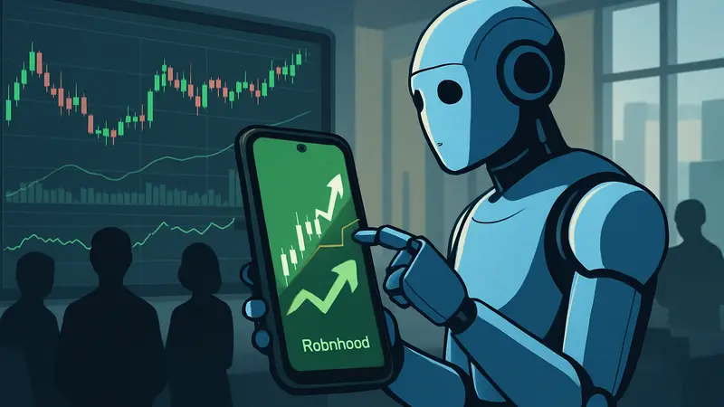 ИИ-агент или робот, торгующий акциями на экране смартфона Robinhood, символизирующий автоматизацию инвестиций.