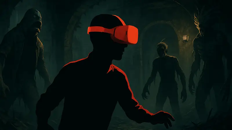 Игрок в VR-шлеме погружается в тёмный и пугающий мир Resident Evil Requiem, окруженный монстрами.