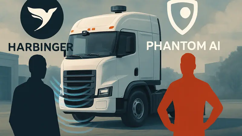Логотипы Harbinger и Phantom AI на фоне электрического грузовика с элементами автопилота, символизирующие поглощение и новые технологии.
