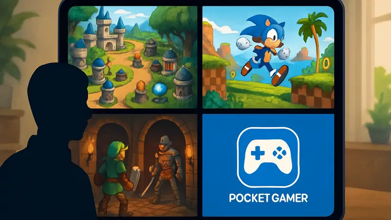 Разнообразные мобильные игры на экране планшета, демонстрирующие жанры tower defense и ремастеры, с логотипом Pocket Gamer