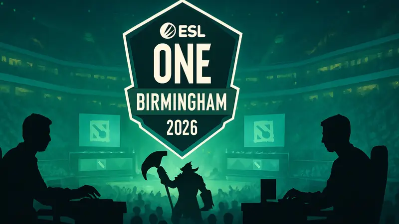 Эмблема ESL One Birmingham 2026 Dota 2 на фоне турнирной арены с игроками, символизирующая киберспортивное противостояние.