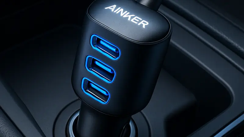 Автомобильное зарядное устройство Anker USB-C с тремя портами, подключенное к прикуривателю.