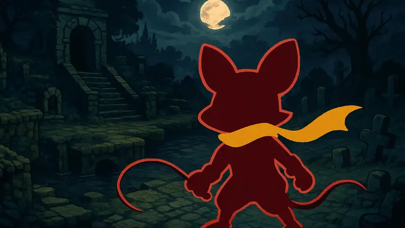 Главный герой Mina the Hollower, Мина, на фоне пиксельного игрового мира, напоминающего Zelda или Soulsborne.