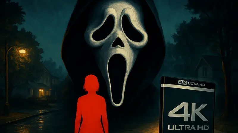 Постер фильма «Крик 7» с маской Призрачного лица и датой релиза на 4K Blu-Ray.