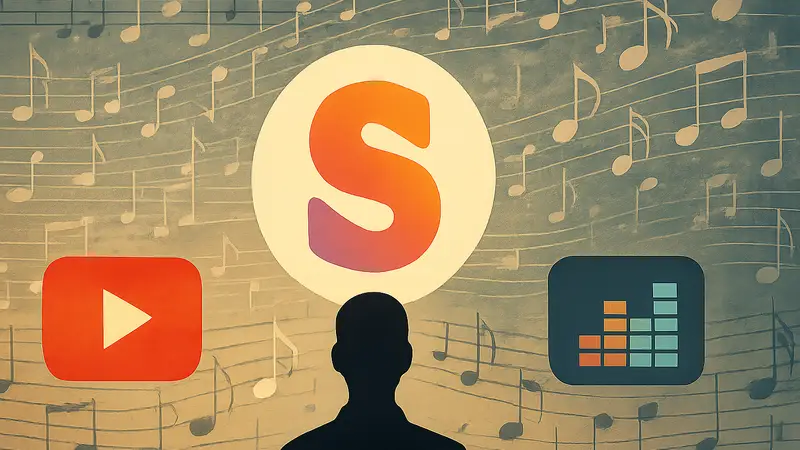 Логотип Suno AI на фоне музыкальных нот и иконок YouTube и Deezer.