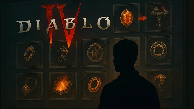 Логотип Diablo 4 на фоне экрана с мифическими предметами или символами игры, демонстрирующими изменения