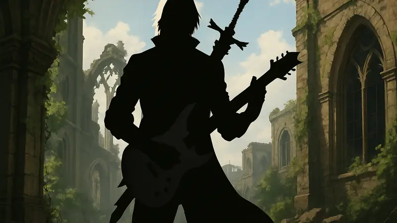 Данте из Devil May Cry с гитарой, символизирующий саундтрек ко второму сезону аниме