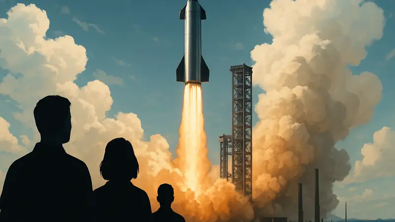 Запуск ракеты SpaceX Starship V3 со стартовой площадки, облака дыма и огня. Момент отрыва от земли.