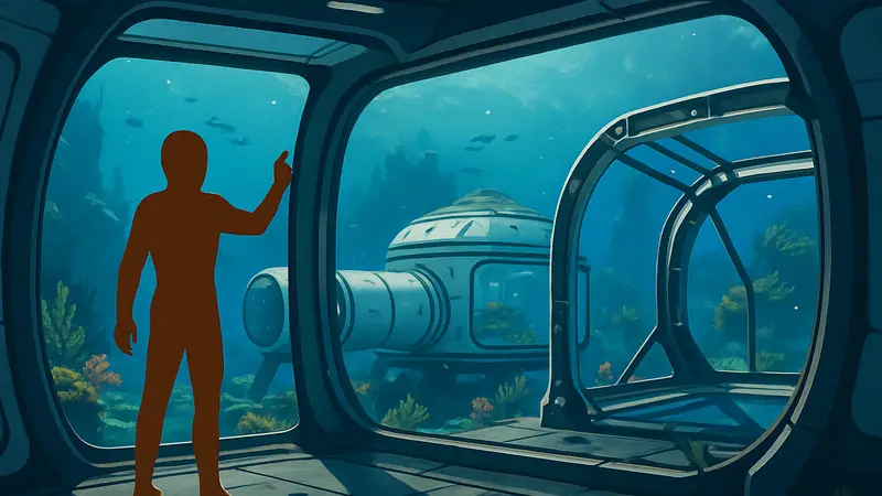 Кадр из видео Subnautica 2, демонстрирующий строительство подводной базы с большими окнами