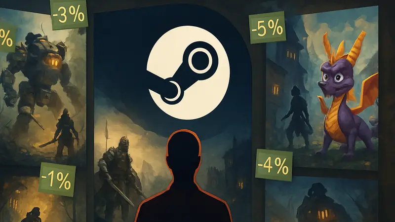 Логотип Steam на фоне игровых обложек со скидками