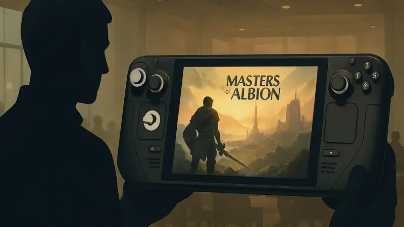 Логотип Steam Deck и игра Masters of Albion на экране портативной консоли Valve