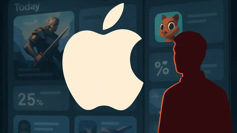 Логотип Apple на фоне интерфейса App Store с обозначением комиссий в Китае.