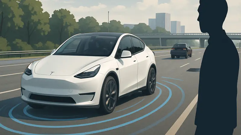 Tesla Model Y на дороге, демонстрирующая системы помощи водителю