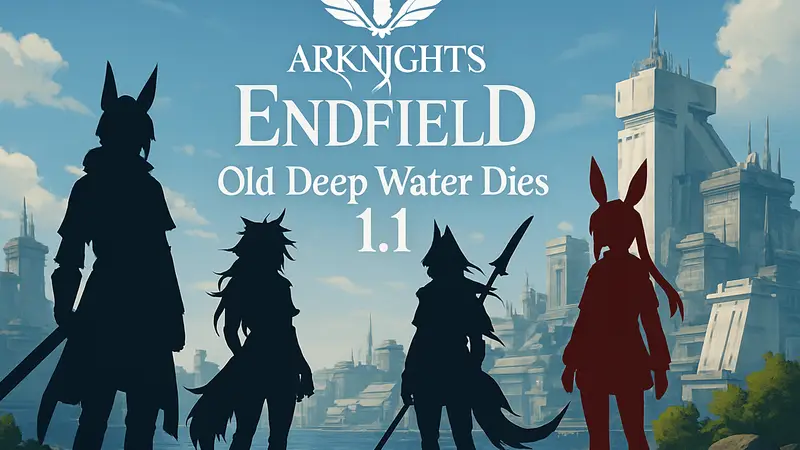 Логотип Arknights: Endfield и надпись 'Old Deep Water Dies 1.1' на фоне игровых персонажей