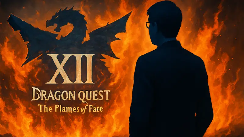 Логотип Dragon Quest XII: The Flames of Fate на фоне огня, с новым куратором Ёсукэ Сайто.