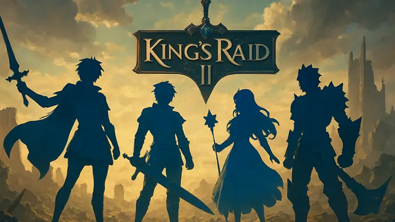 Герои из игры King's Raid 2 в аниме-стиле на боевом фоне